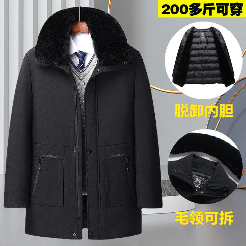 中老年男加大码棉衣中长款加绒加厚羽绒棉服中年外套爸爸装大毛领