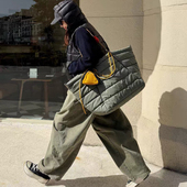 大容量通勤手提托特包包女防水尼龙编织绳包包简约排骨夹棉单肩包