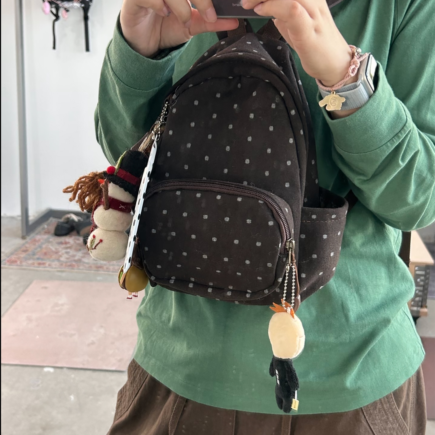 大容量棕色通勤背包韩系百搭手提帆布包大学生上课书包波点双肩包