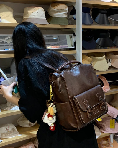 软皮复古双肩包大容量手提三用包