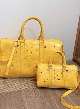 黄色防鳄鱼纹彩钻波士顿枕头包大容量单肩斜挎包通勤旅行包男女款