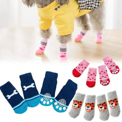 4Pcs Winter Pet Dog Socks Anti Slip Warm Knit Tiger Design P