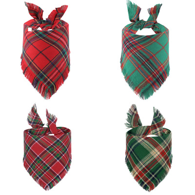 Christmas Plaid Triangle Tassel Dog Scarf Tassel Saliva Towe
