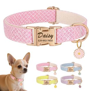 Bling Nylon Dog Collar Cute Flower Tag Dog Collars Engraving