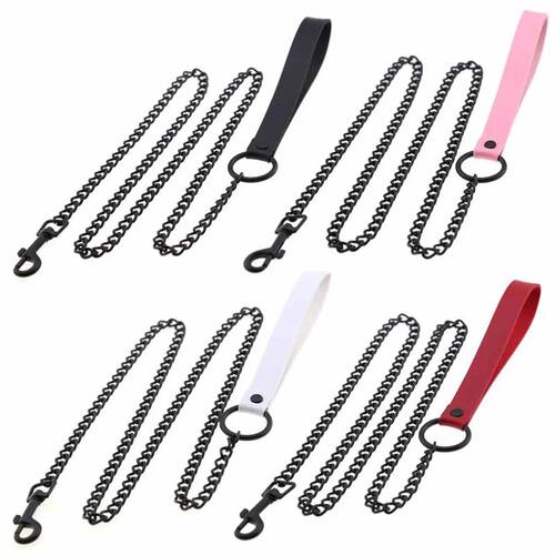 Leather Handle Chain Dog Durable Metal Chew Proof Dog Traini