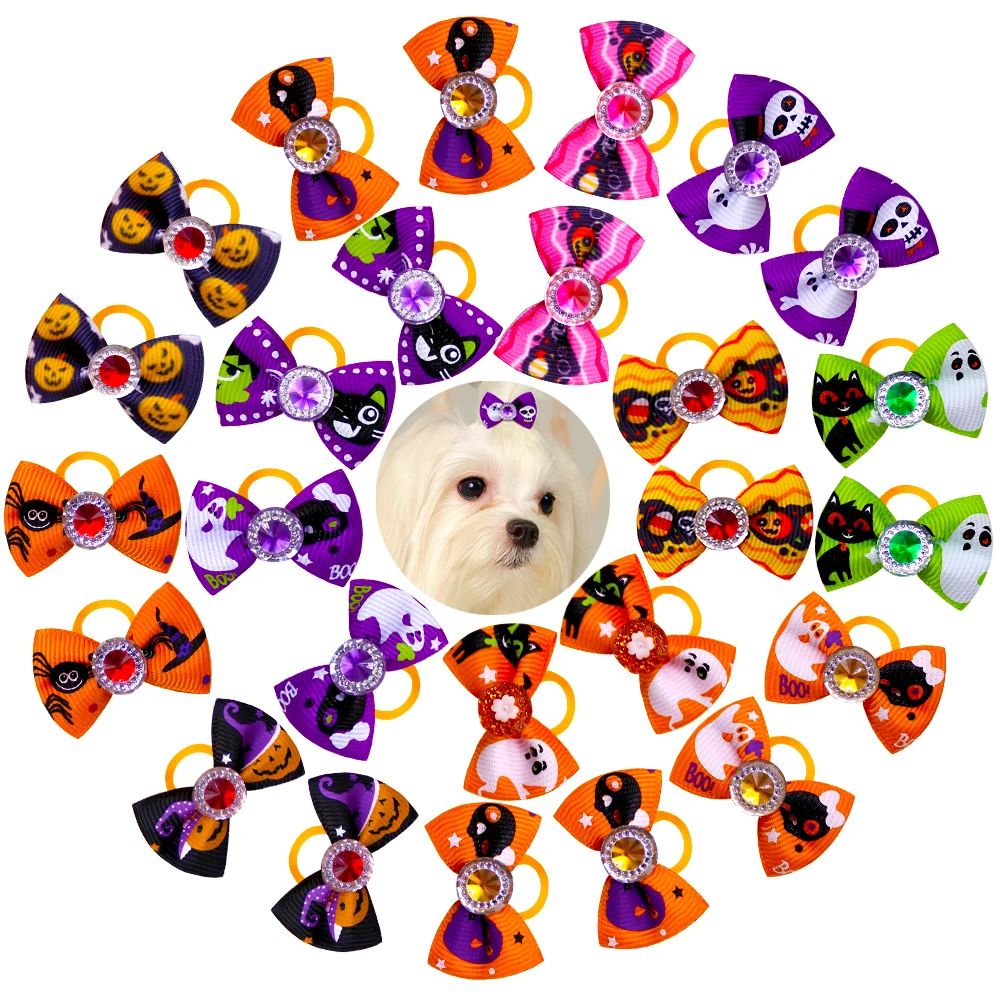 30PCS Dog Bows With Rubber Bands Halloween Party Dog Hair Ac