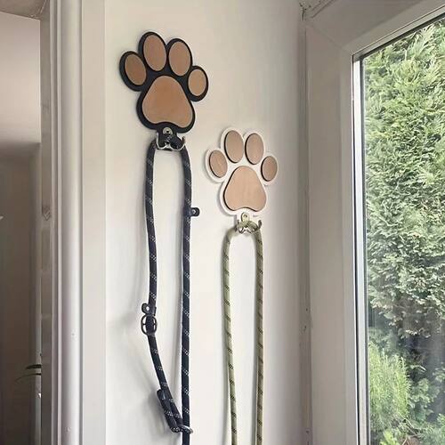 Paw Print Wooden Dog Leash Hanger Wall Hook for Collars & Co