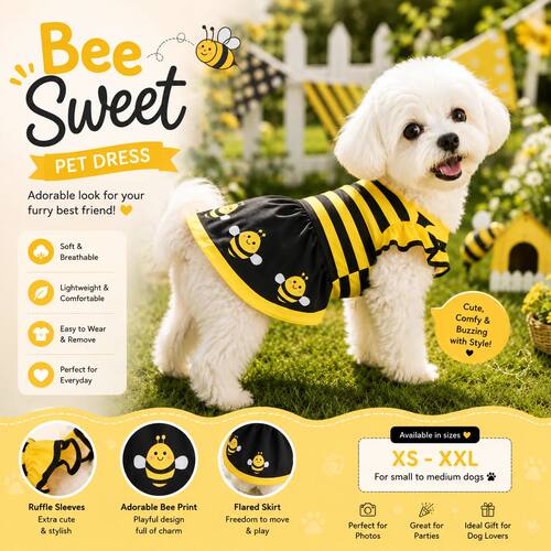 Dog Dress Cute Bee, Pet Bee Costumes, Yellow Cartoon Bumble