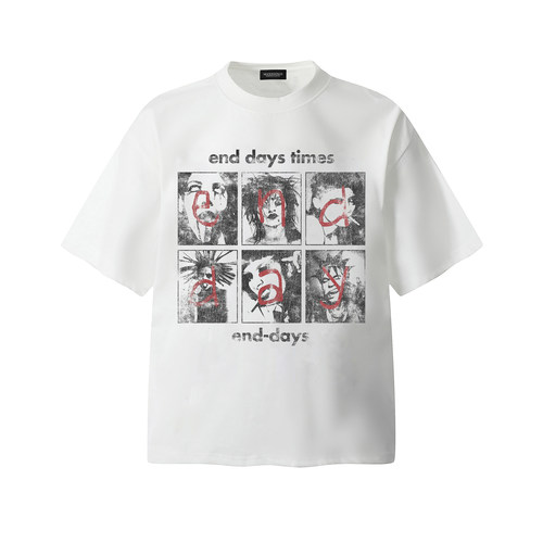 Moodswings end days 摇滚朋克人像做旧印花短袖T恤夏季宽松半袖