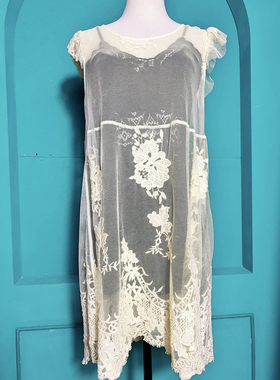 IVOIRE DE LAURENCE PARIS法国 乳黄色网纱蕾丝吊带两件套