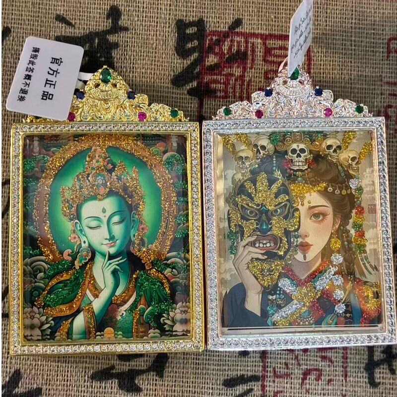 藏式双面手绘扎基拉姆绿度母吊坠手工正品饰品彩色国潮五台山唐卡
