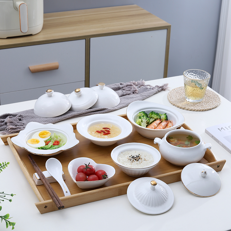 陶瓷月子会所餐具产妇医院一人份汤盅带盖卫生月子碗木托套装LOGO