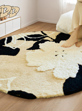 DDD 法式奶油风圆形地毯轻奢植绒镜前地垫复古花朵卧室长条床边毯