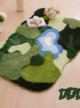 DDD森系小清新花花苔藓地毯卧室绿色簇绒床边毯异形植绒长地垫ins