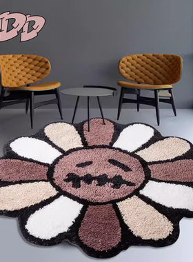 DDD万圣节鬼脸花朵脚垫植绒太阳花黑色地毯圆形客厅卧室床边毯ins