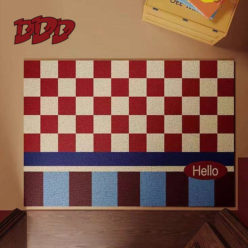 棋盘格美式复古丝圈入户地垫