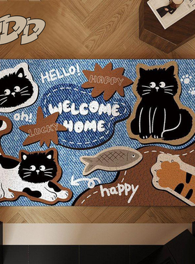 DDD牛仔风卡通进门丝圈地垫入户玄关可爱狗狗门垫小猫蓝色PVC脚垫