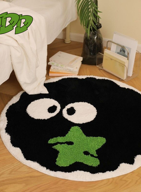 DDD 卡通大眼黑色植绒圆地毯客厅圆形防滑地垫卧室簇绒耐脏床边毯
