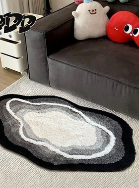 DDD中古黑色小地毯卧室复古植绒异形床边毯客厅棕色不规则地垫ins