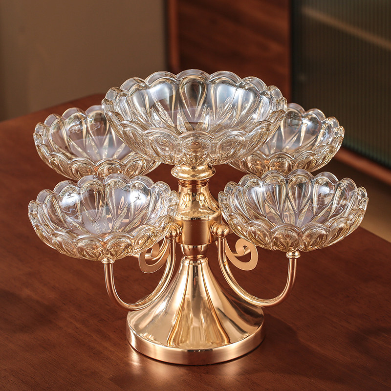 轻奢北欧玻璃多层水果盘干果五格家用客厅茶几轻奢分格坚果糖果盘