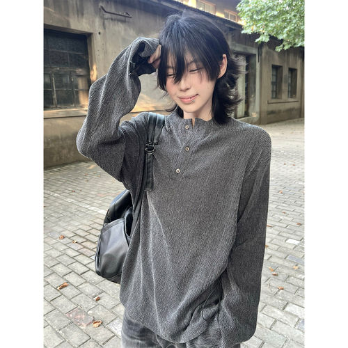 条皱亨利长袖*4JUNKS*两侧抽绳随意造型 树枝肌理 创意的百搭打底