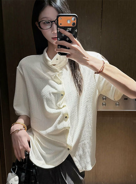 ACN 前门襟弧形褶皱设计师款混纺短袖夏季宽松高级感半袖衬衫T恤