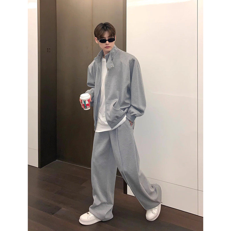 韩版小众休闲开衫卫衣外套男立领纯色运动套装宽松卫裤两件套潮流
