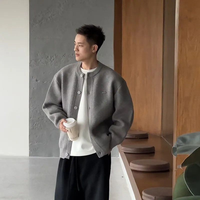 潮流开衫纯色毛衣圆领男