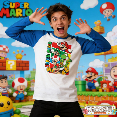 马里奥耀西美式长袖t恤男长袖纯棉初春库巴奇诺比奥圆领印花上衣t