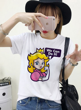 马里奥公主女权主义T恤趣味体恤欧洲站短袖衣服男女纯棉半袖上衣