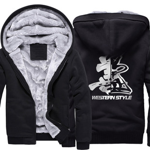 中国风国潮佛学善恶一念间连帽卫衣男士 加绒加厚外套男衣服冬上衣