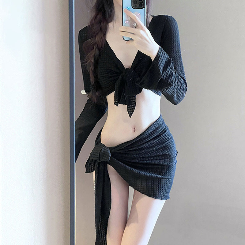 新款时尚泳衣 女四件套分体裙式镂空保守游泳衣海边泡温泉 比基尼