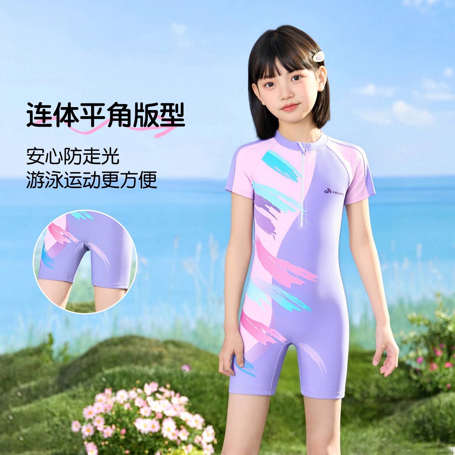 佑游儿童泳衣女孩连体平角2025新款中大童初中生专业游泳竞速泳装