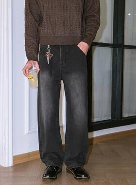 WUR 美式复古水洗牛仔裤男款宽松直筒百搭潮牌垂感黑色阔腿裤子