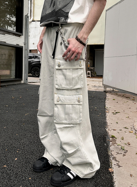 WUR 美式重工多口袋工装牛仔裤男女复古蓝阔腿工装裤情侣裤子潮