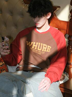 WUR美式复古插肩袖长袖t恤男宽松凉感抗菌纯棉280g重磅情侣打底衫