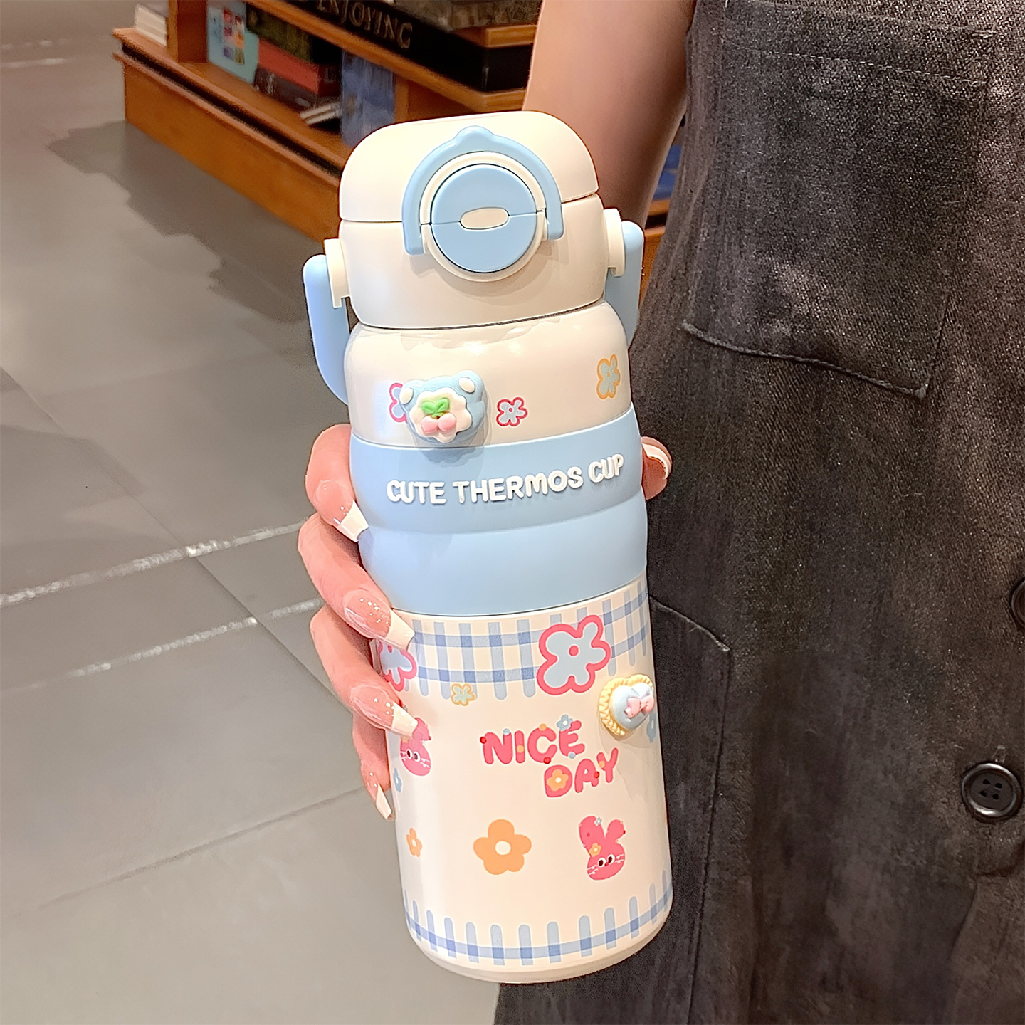 保温杯大容量吸管双饮水杯女生高颜值可爱礼物杯子学生上学便携