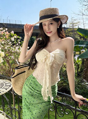INSTUNNING海岛度假风绑带抹胸上衣女春夏新款绿色波网纱半裙套装