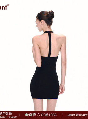 JLAUNT 黑色挂脖连衣裙女夏性感修身收腰包臀裙高级感辣妹短裙子