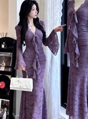 紫色V领蕾丝连衣裙女春季紧身显身材长裙性感御姐风包臀鱼尾裙子