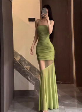 纯欲气质网纱拼接吊带连衣裙女春季穿搭收腰显瘦包臀鱼尾长裙
