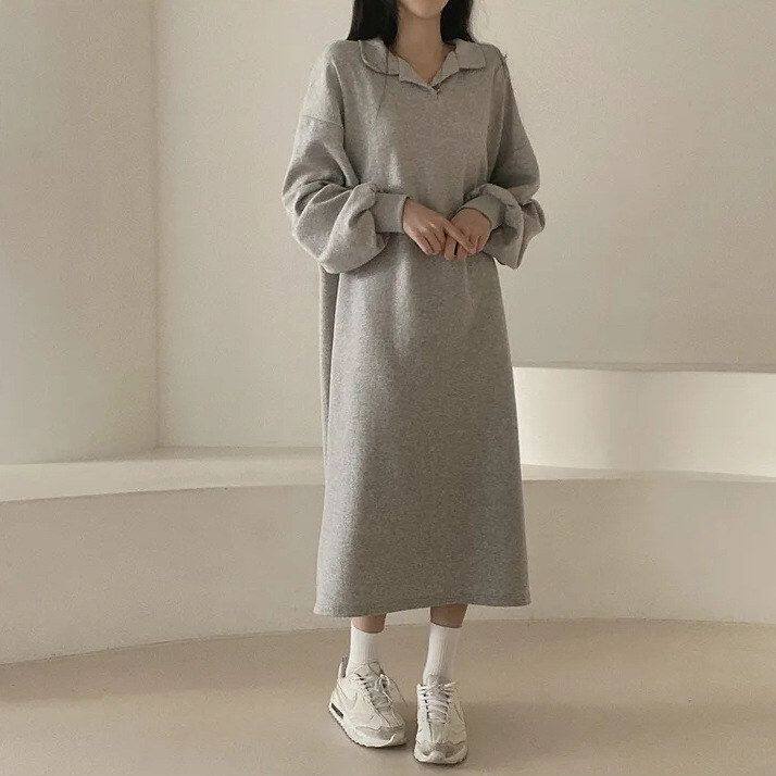 慵懒子P纯色领春秋OLO加绒宽松百搭日本韩版秋冬简约风长款连衣裙