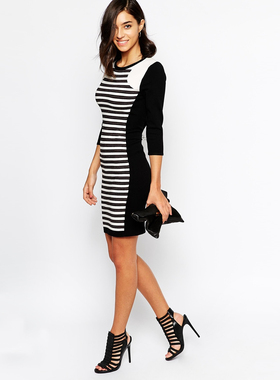 疵品 英伦凯纶时尚 条纹组合+色块拼接 时尚好身材连衣裙 O364