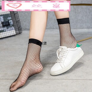 日系网袜短款渔网黑色后跟蝴蝶结短袜网格丝袜原宿风公主网眼袜子