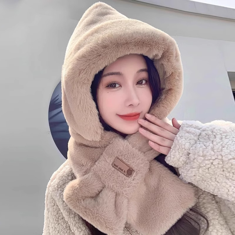 帽子女秋冬季围巾一体保暖毛绒连帽围脖一体骑车防风帽2025新款冬