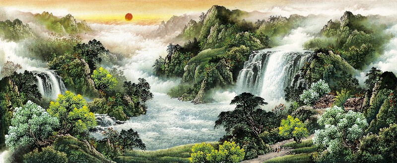 高清晰精美横幅现代中式风景山水靠山图旭日东升背景墙壁装饰贴画