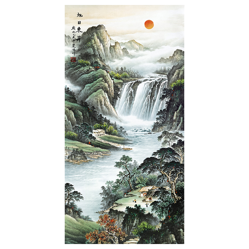 高清竖幅国画锦绣山河旭日东升风景有山有水靠山图背景墙壁装饰画