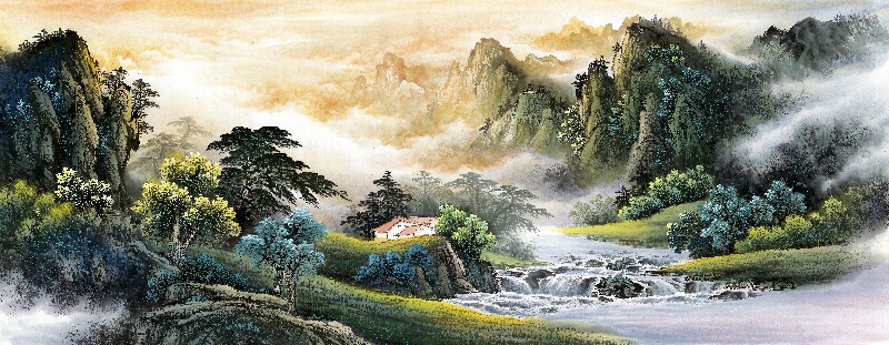 高清晰横幅泼墨写意国画风景山水简约靠山图客厅背景墙壁装饰贴画