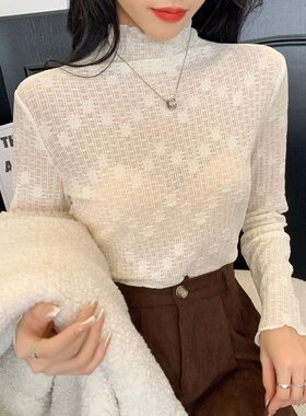 毛线衣内搭小香风蕾丝半高领打底衫女春秋冬长袖洋气内搭上衣女