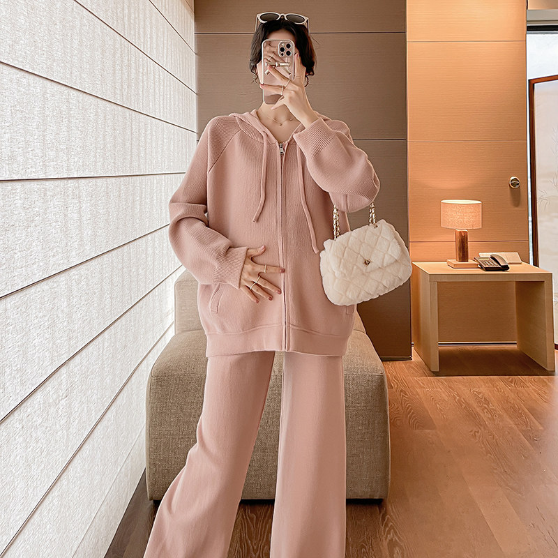출산복 2024 봄 하이엔드 긴팔 탑 루즈한 스웨터 와이드 레그 팬츠 캐주얼 봄 정장 투피스 세트